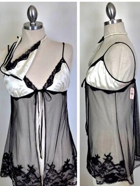 Victoria's Secret VTG Y2K Silk Lace Mesh Babydoll Slip NWT Lingerie Thong Set